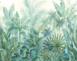  Változatos trópusi levelek párában felsejlő pálmákkal fehér kék és zöld tónus falpanel (39230-1)
