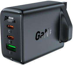 ACEFAST charger GaN 65W 3 ports (1xUSB, 2xUSB C PD) UK plug black (A44)
