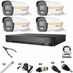 Hikvision Sistem de supraveghere Hikvision 4k cu 4 camere Poc, ColorVu 8 Megapixeli, Lumina Color 40m noaptea, DVR 4 canale 8 Megapixeli, Hard, Accesorii (37551-)