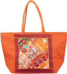 SHOPIKA Geanta portocalie din material textil natural tip sac, cu aplicatie unicat, brodata manual Portocaliu