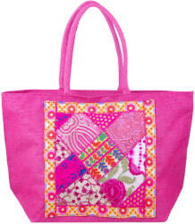 SHOPIKA Geanta fucsia din material textil natural tip sac, cu aplicatie unicat, brodata manual