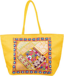 SHOPIKA Geanta galbena din material textil natural tip sac, cu aplicatie unicat, brodata manual