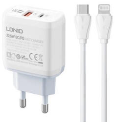 LDNIO A2421C USB-A + USB-C 22.5W hálózati töltő + USB-C - Lightning kábel fehér