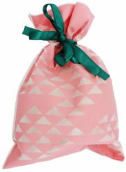  RAMIZ 30 x 45 cm-es rózsaszín alapon fehér háromszög mintás ajándékzsák zöld masnival