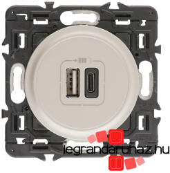 Legrand Céliane kettős USB-A + USB-C töltőaljzat, beépített tápegységgel - 3A, 15W, burkolattal, titánium CT067465-CS (CT067465-CS)