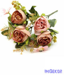 Ranunculus selyem csokor díszítőkkel 28cm - Barack-Rózsaszín