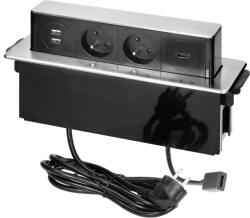 ORNO Priză glisantă pentru mobilier de masă cu margine frezată, încărcător USB și cablu de 2 m, 2x2P+Z, 2 x USB (tip A, 2, 4A), HDMI, 3x1, 5 mm2, negru/argintiu, INOX