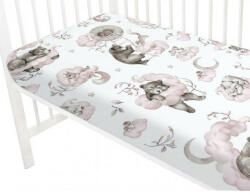 Baby Shop pamut, gumis lepedő 70*140 cm - felhőn alvó állatok rózsaszín - babyshopkaposvar