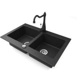 Gránit mosogatótálca NERO Verso + Vintage csaptelep + dugókiemelő (fekete)