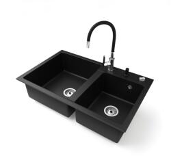  Gránit mosogatótálca NERO Palazzo + flexibilis csaptelep + adagoló + dugókiemelő (matt fekete)