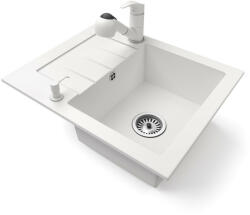 Gránit mosogatótálca NERO Monza + kihúzható zuhanyfejes Shower csaptelep + dugókiemelő (fehér)