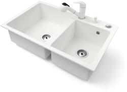  Gránit mosogatótálca NERO Palazzo + kihúzható zuhanyfejes Shower csaptelep + adagoló + dugókiemelő (fehér)