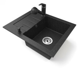 Gránit mosogatótálca NERO Monza + kihúzható zuhanyfejes Shower csaptelep + dugókiemelő (fekete)
