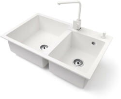 Gránit mosogatótálca NERO Palazzo + Design csaptelep + adagoló (fehér)