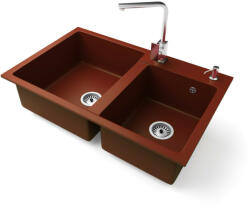  Gránit mosogatótálca NERO Palazzo + Design króm csaptelep + adagoló (piros)