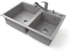  Gránit mosogatótálca NERO Palazzo + kihúzható zuhanyfejes Shower csaptelep + adagoló + dugókiemelő (szürke)