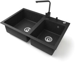  Gránit mosogatótálca NERO Palazzo + Design csaptelep + adagoló + dugókiemelő (fekete)