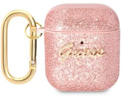 Guess Glitter - AirPods 1/2 tartó - pink csillámos, műanyag Airpods 1/2 tok - tokgalaxis