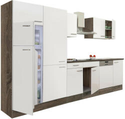 Leziter Yorki 340 konyhabútor yorki tölgy korpusz, selyemfényű fehér fronttal polcos szekrénnyel és felülfagyasztós hűtős szekrénnyel (L340YFH-PSZ-FF) - homelux