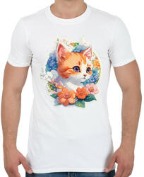 printfashion Cica virágokkal - Férfi póló - Fehér (13557273)