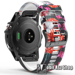 Okosóra szíj - szilikon - PIROS / RÓZSASZÍN VIRÁG MINTÁS - 125mm+92mm hosszú, 26mm széles QUICKFIT csatlakozó - Garmin Fenix 7X / 5X Plus / 5X Plus Sapphire / 6X / 6X Sapphire / 6X Pro / 6X Pro Solar