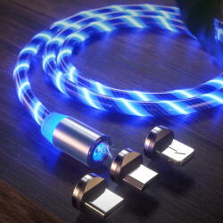 Techsuit Cablu de Incarcare Magnetic USB la Type-C, Micro-USB, Lightning 1m - Techsuit LED Flowing - Blue (KF232285) - vexio