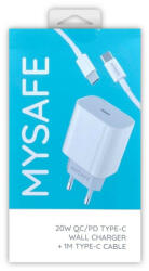 MySAFE CH20W USB-C hálózati töltő adapter USB-C kábellel, gyorstöltő, 20W, fehér - tok-store