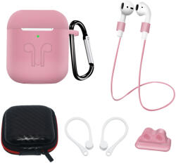 Set carcasa si accesorii Silicone compatibil cu Apple AirPods 1/2 Pink (9145576276914)
