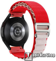  Okosóra Alpesi szíj - egybe­szőtt szövet­, Z kapocs, légáteresztő, állítható - FEHÉR / PIROS - 210mm hosszú, 20mm széles - SAMSUNG Galaxy Watch4 / Watch5 / Active2 / Amazfit GTS 4 / HUAWEI Watch GT 3 