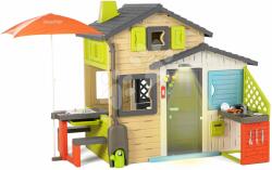 Smoby Házikó Jóbarátok pihenőrésszel a napernyő alatt elegáns színekben Friends House Evo Playhouse Smoby bővíthető játékokkal (SM810228-1J)