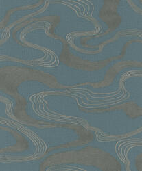  Japán tájat idéző absztrakt hullám/szalag minta textil háttéren kék barna és ezüst/fehérezüst tónus fémes hangsúlyok tapéta (34538)