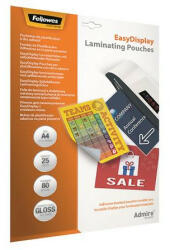 Fellowes Meleglamináló fólia, 80 mikron, A4, fényes, öntapadó, 25 db, FELLOWES "Admire Easy Display (5601703) - bestoffice