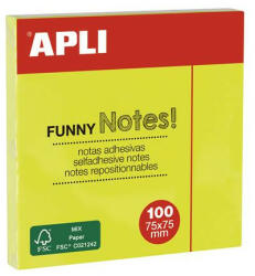 APLI Öntapadó jegyzettömb, 75x75 mm, 100 lap, APLI "Funny", neon sárga (LNP11897) - bestoffice