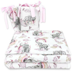 Qmini Set Lenjerie cu 3 Piese Qmini Elephants on Rainbow Pink (6426972019910) Lenjerii de pat bebelusi‎, patura bebelusi