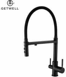 Getwell Goose, két karos, 3 utas, kihúzható zuhanyfejes Konyhai Csap Víztisztítókhoz fekete színben (GW242B)