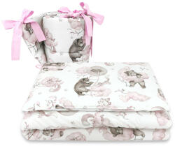 Qmini - lenjerie patut 3 piese, cu protectie laterala, din bumbac certificat oeko tex standard 100, pentru patut 120x60 cm, teddy bear and friends pink Lenjerii de pat bebelusi‎, patura bebelusi