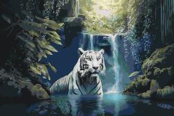 Festés számok szerint - Fehér tigris a vízesésnél Méret: 40x60cm, Keretezés: Keret nélkül (csak a vászon)