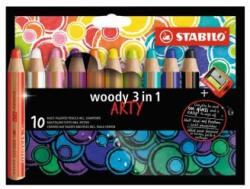 STABILO Creioane colorate STABILO Woody 3 în 1 ARTY - creioane colorate, creioane acuarelă, creioane cerate - 10 buc + ascuțitoare