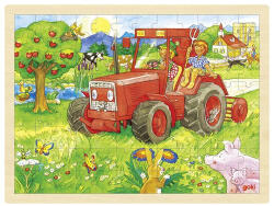 Goki Puzzle din lemn cu rama - Tractorul de la ferma, 96 piese