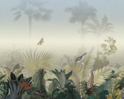  Párába vesző idilli trópusi életkép madarakkal pillangókkal ködszürke zöld kék szines falpanel (39270-1)