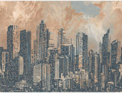  Nagyváros felhőkarcolóinak sziluettje egyedi felhőképpel bézs szürke narancs kék és barna tónus falpanel (39333-1)