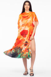 SHOPIKA Rochie de plaja lunga tip poncho din matase cu imprimeu maci pe fond portocaliu Multicolor Talie unica