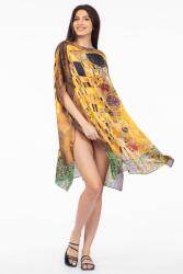 SHOPIKA Rochie de plaja tip poncho din matase cu reproducere dupa Sarutul de Gustav Klimt Maro Talie unica