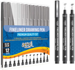 S-COOL Liner pentru desen 0.03 mm - 2 mm + varf pensula S-COOL, 12 buc/set