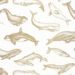  Emblematikus motívum tengeri emlősökkel : bálna delfin és kardszárnyú delfin fehér és arany tónus fémes hatás tapéta (102790266)