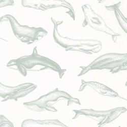  Emblematikus motívum tengeri emlősökkel : bálna delfin és kardszárnyú delfin fehér és vízzöld tónus tapéta (102797010)