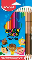 Maped Színes ceruza készlet, háromszögletű, MAPED "Color'Peps World", 12 különböző szín + 3 kétvégű bőrtónus ceruza (COIMA832071)