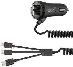 budi LED autós töltő 2x USB, 3, 4A + 3in1 USB-C / Lightning / Micro USB kábel (fekete) (068T3)