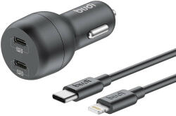 budi Car töltő, 2x USB-C, 40W, PD + USB-C to Lightning kábel (fekete) (108RTL)