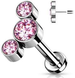  Push-in labret titánból, 3 kővel Pink